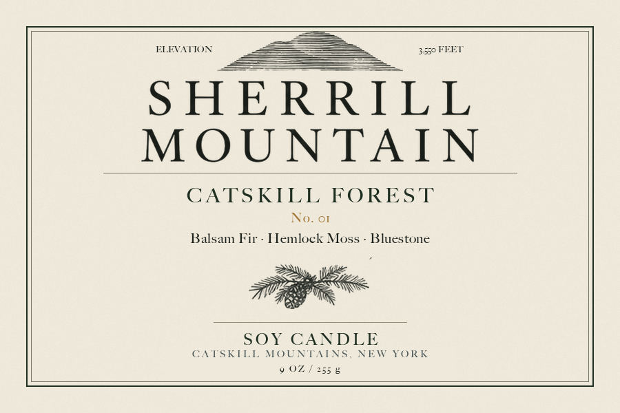 Catskill Forest No. 01 candle label featuring the Sherrill Mountain ridge mark